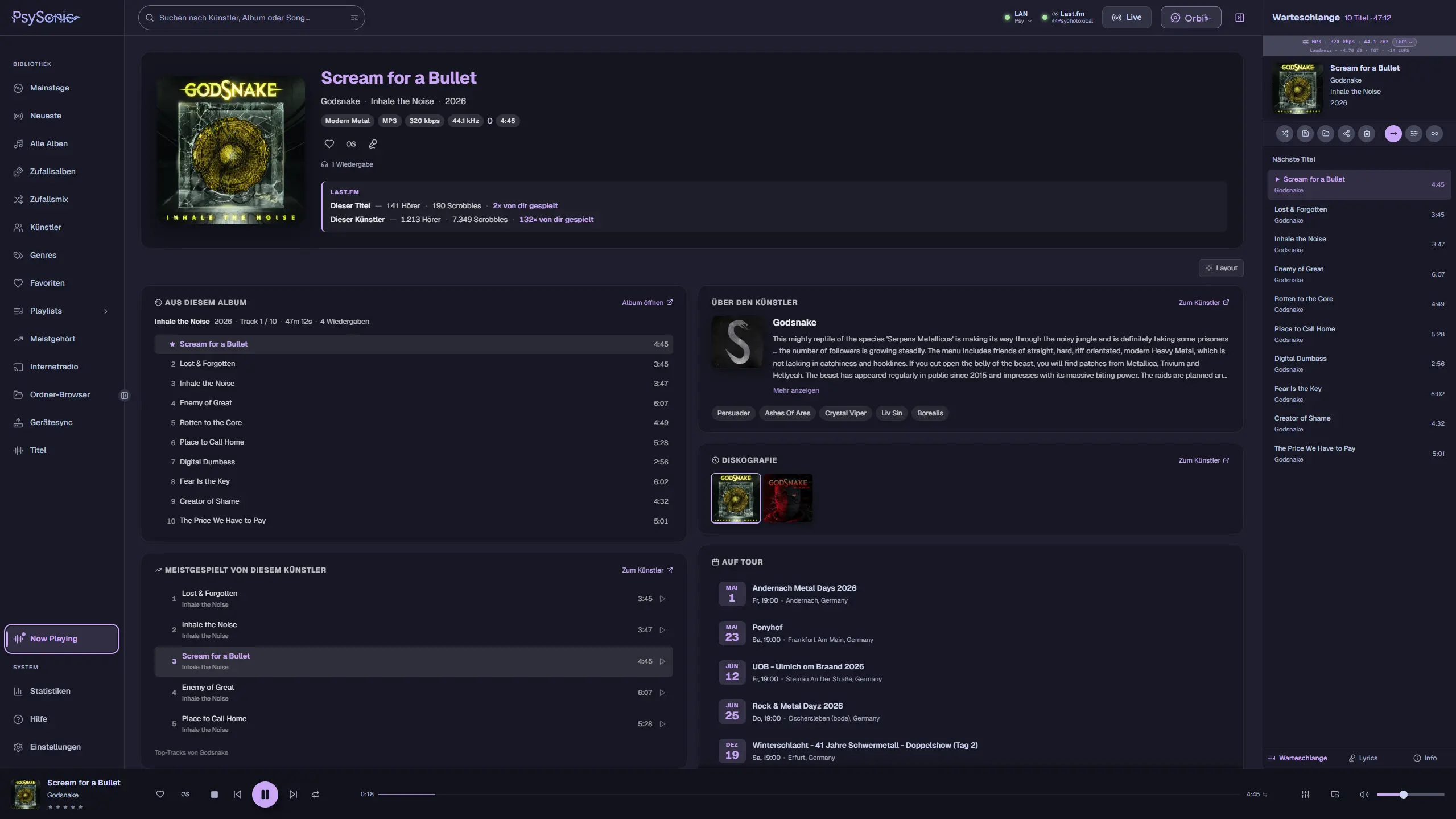 Psysonic desktop app showing the Now Playing Hub.